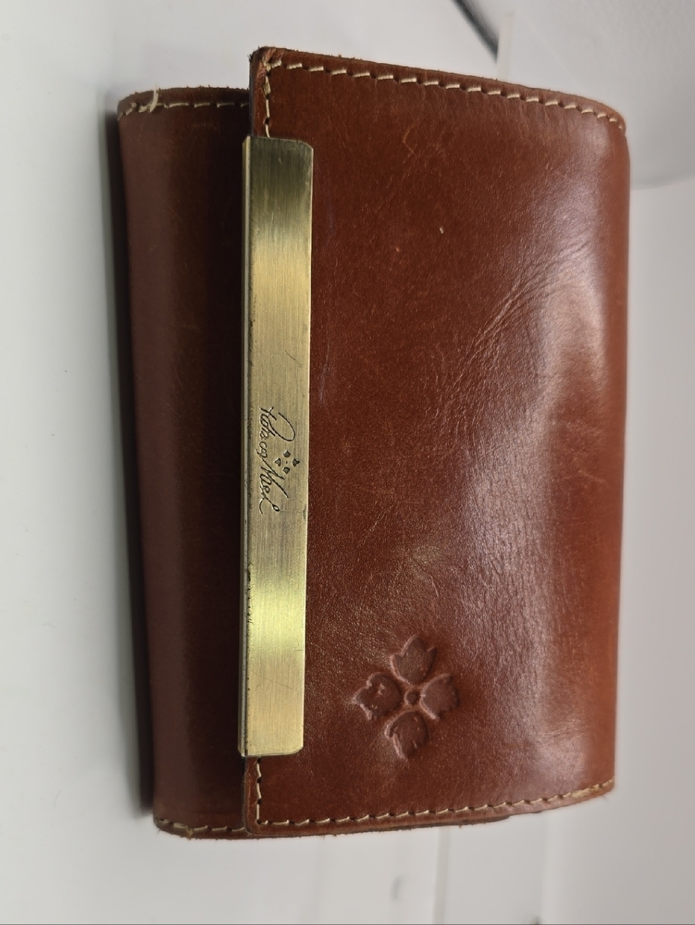 Patricia Nash Cognac Brown Leather Card Wallet with Brass Bar